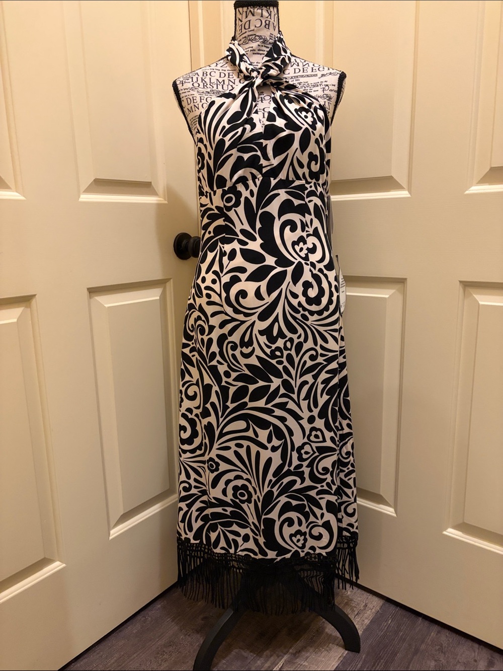 Adrianna Papell Black and Cream Halter Maxi with Fringe Hem NWT